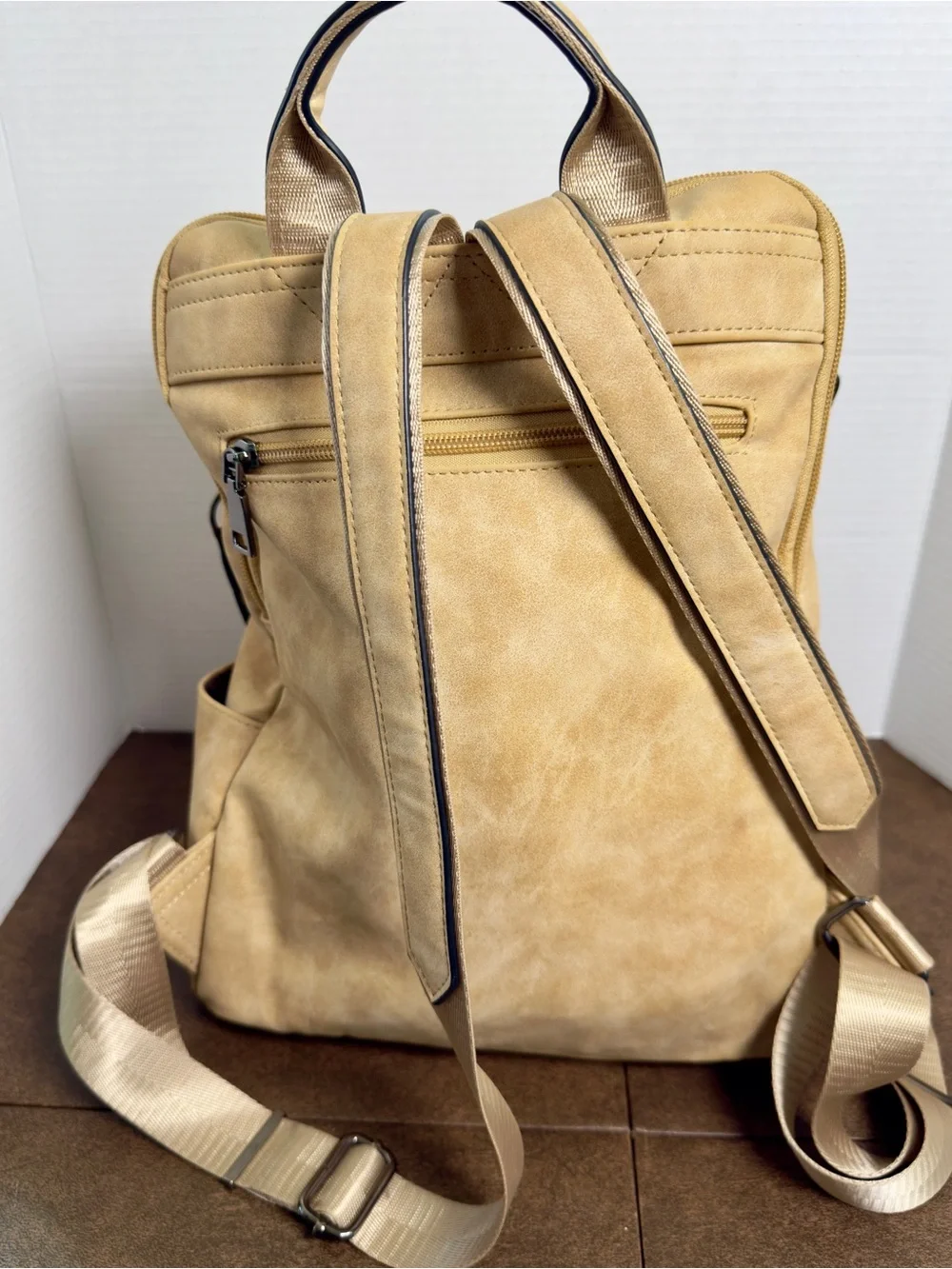Fadeon Convertible Beige Faux Leather Backpack Colorful Embroidered Strap Sz M